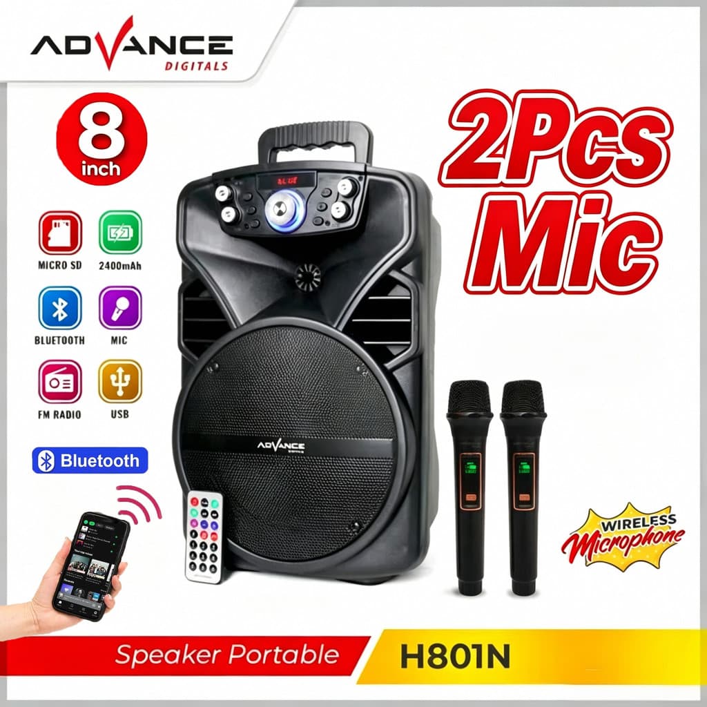 ADVANCE H-801N Speaker Bluetooth Portable 8 Inch Free 2 Mic