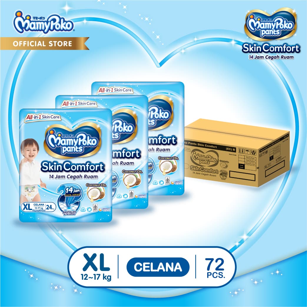 MamyPoko Pants Skin Comfort XL24 x3 (12-17 kg) isi 72 pcs [Karton] - Dengan Minyak Kelapa Coconut Oil Cegah Ruam