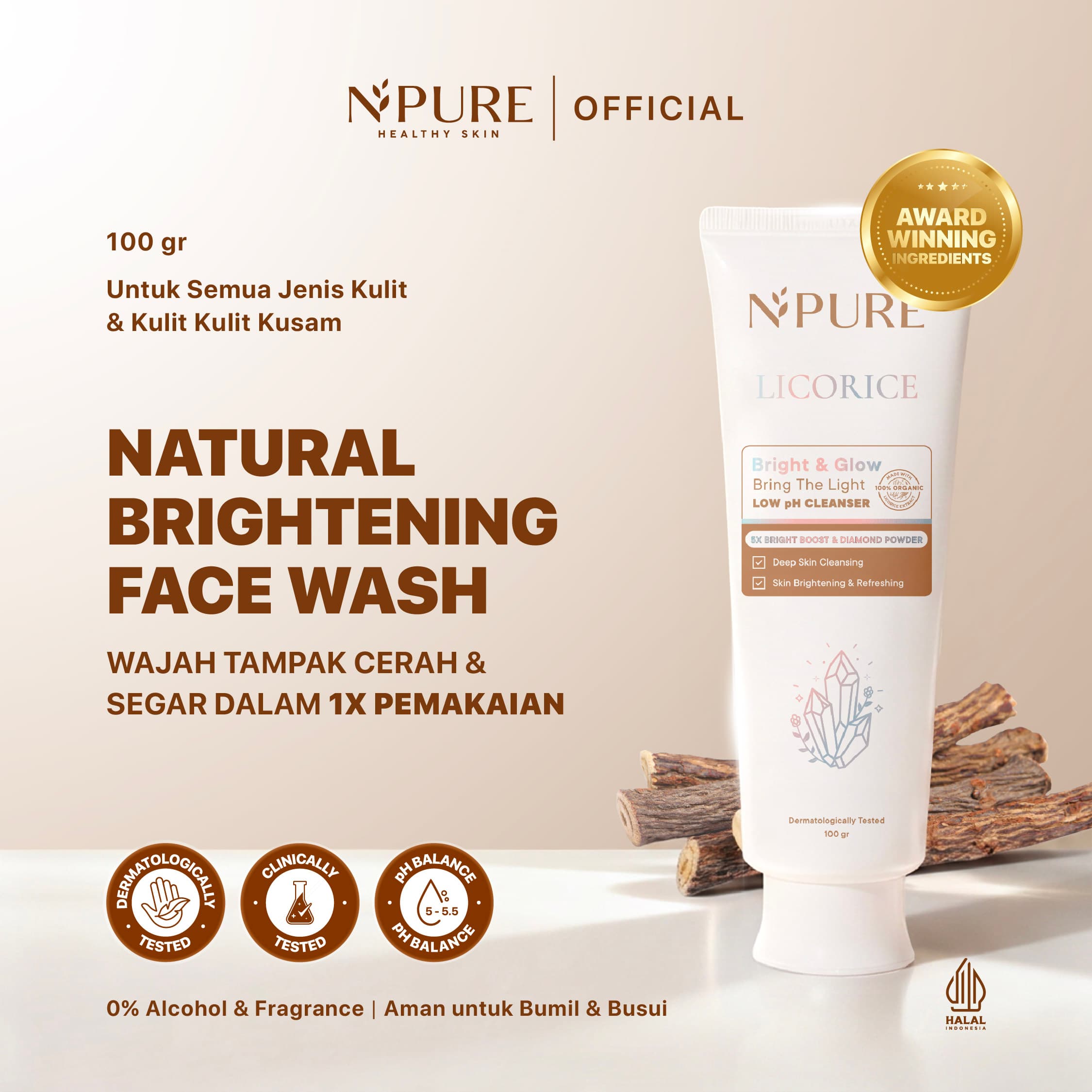 NPURE Glowing Cleanser Licorice 100gr / Brightening / Kulit Kusam / Noda Hitam Bekas Jerawat / Low pH